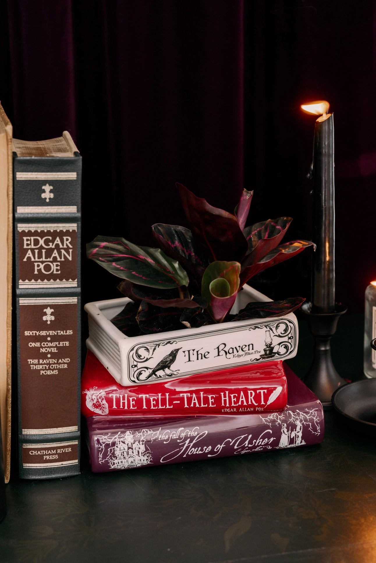 Stack of books including 'The Tell-Tale Heart' and 'The Raven' with a plant and candle in a dark setting.