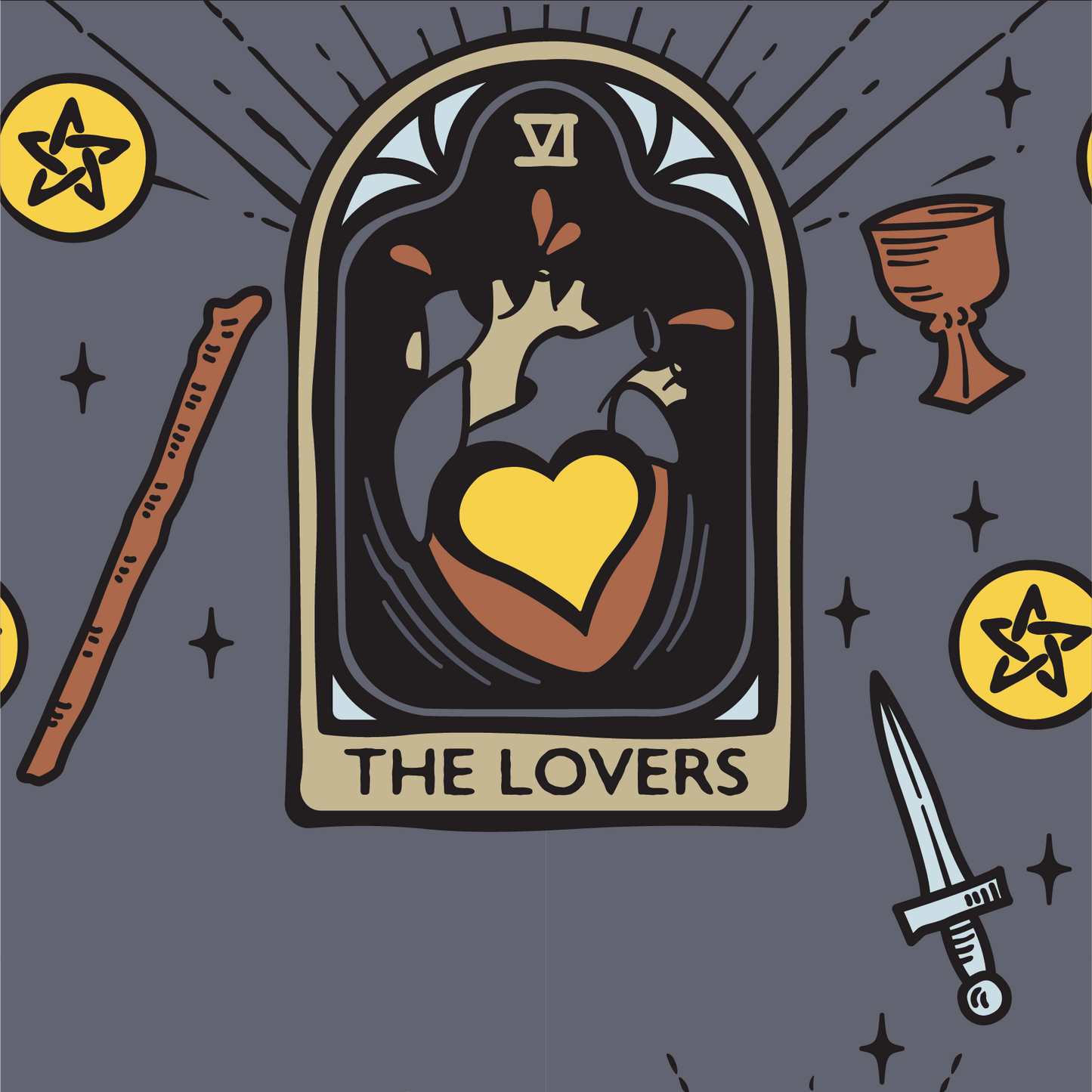Illustration of 'The Lovers' tarot card with stars, a sword, and a cup on a dark background.