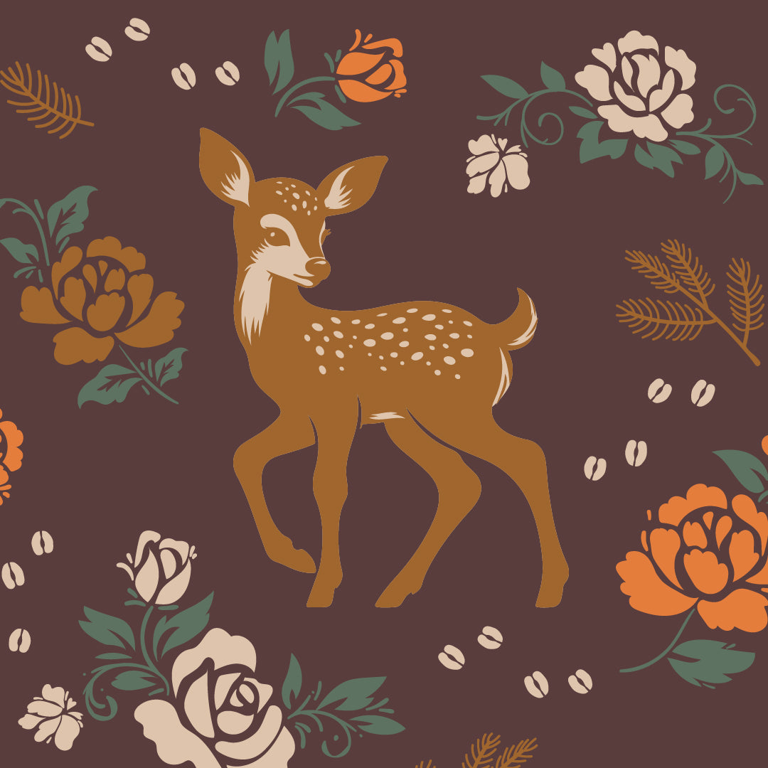 Deer surrounded by floral elements on a brown background