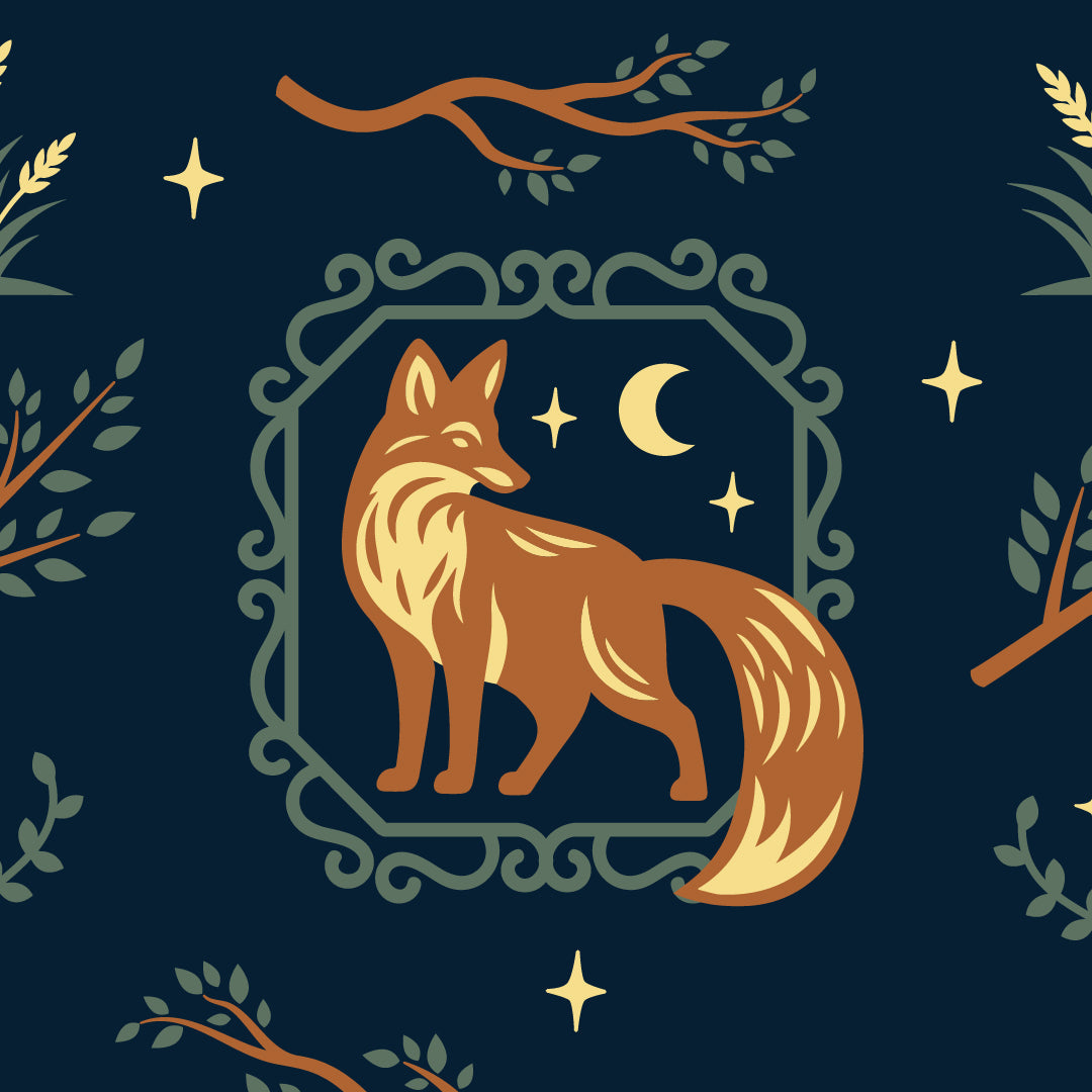 Illustration of a fox in a decorative frame with stars and branches on a dark blue background
