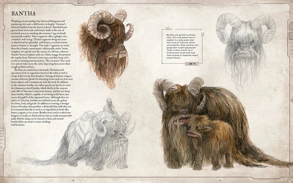 A two-page spread from the book. Across both pages are drawings of Banthas from the Star Wars universe, surrounded by black text describing the creatures.