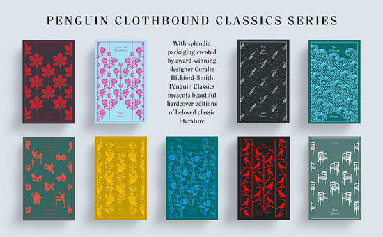 The front covers of several Penguin Clothbound Classics, featuring thematic all-over prints (for example, THE ODYSSEY is a teal cloth cover, covered in icy-blue wave patterns on the front)