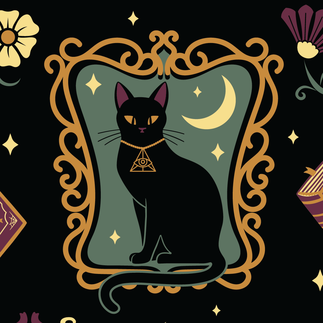 Decorative pattern with a black cat in a frame, moon, and flowers on a dark background.