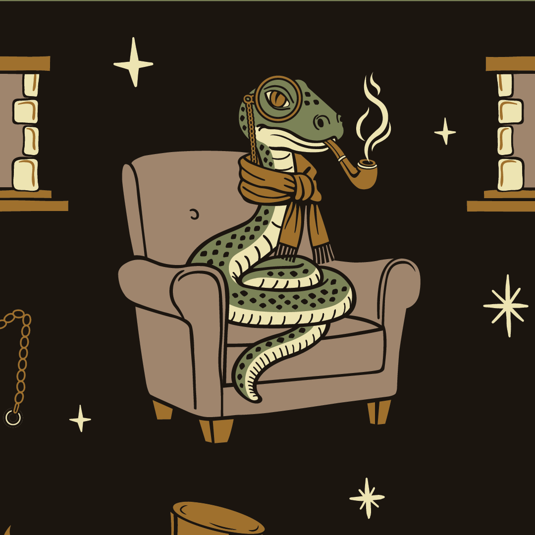 Illustration of a snake in a robe smoking a pipe on a chair with a dark background