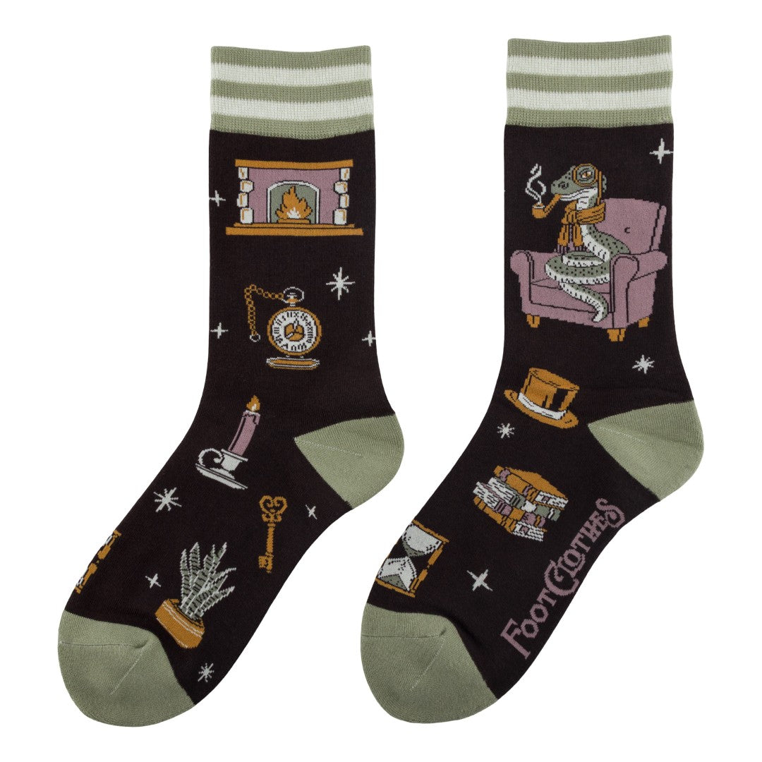 Pair of socks with decorative patterns on a white background
