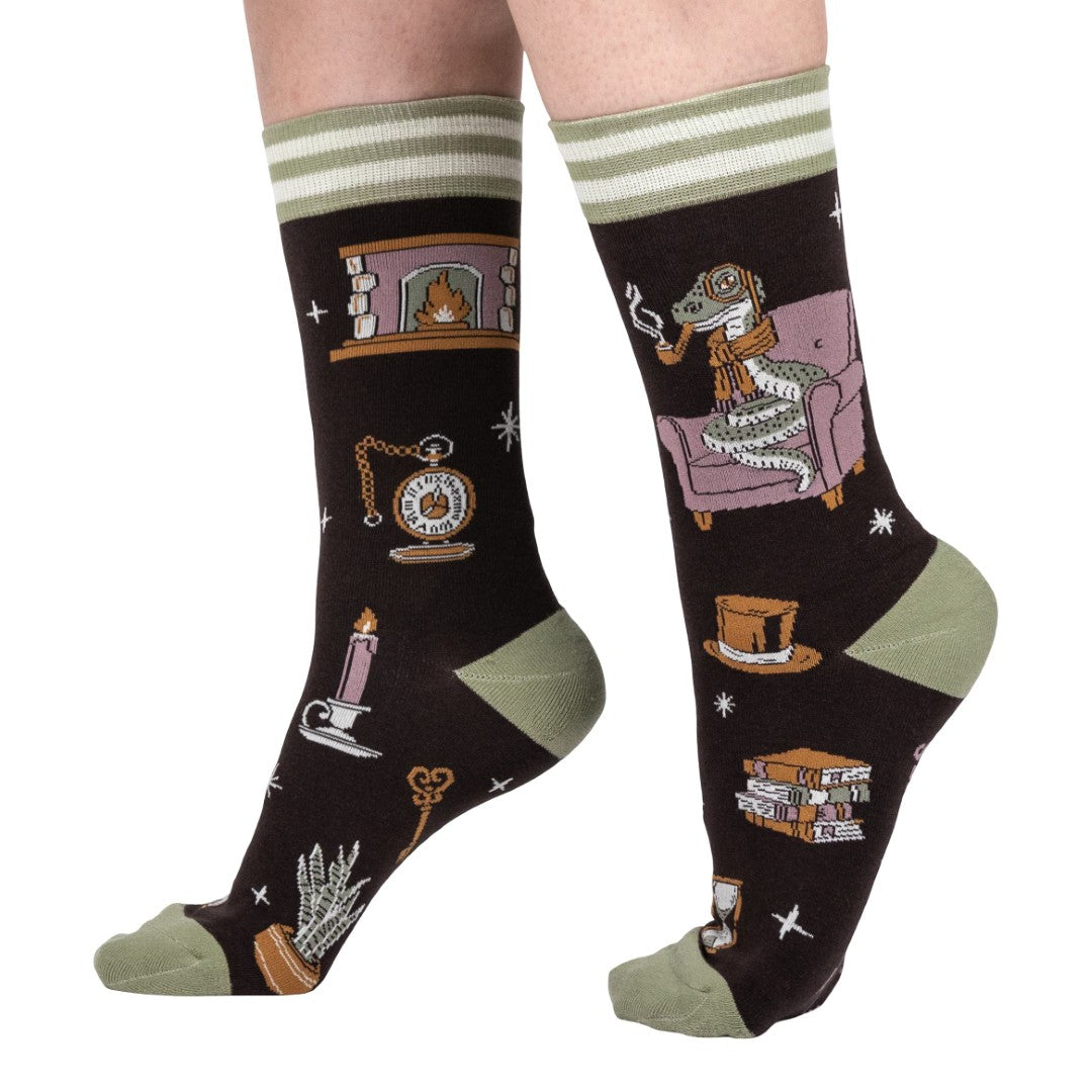 Socks with vintage-themed design on a white background