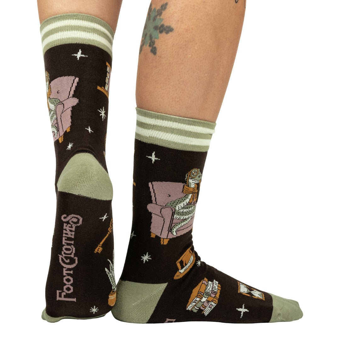 Pair of socks with cartoon designs on a white background