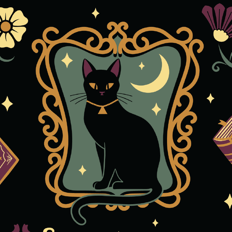 Black cat in a decorative frame with a crescent moon and stars on a black background.