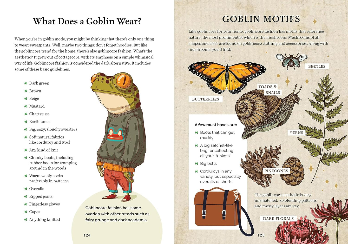 An interior spread of the book. The left page reads "What does a goblin wear?" and lists examples such as 'earth tones', 'overalls', and 'cozy sweaters'. The right reads "Goblin motifs" and shows butterflies, toads, ferns, corduroy, etc.