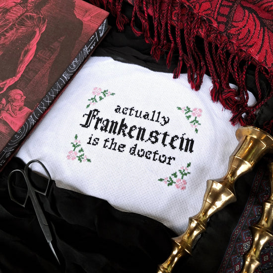 A white cross-stitch project with black embroidered text saying "Actually Frankenstein is the doctor" next to embroidered pink flowers.