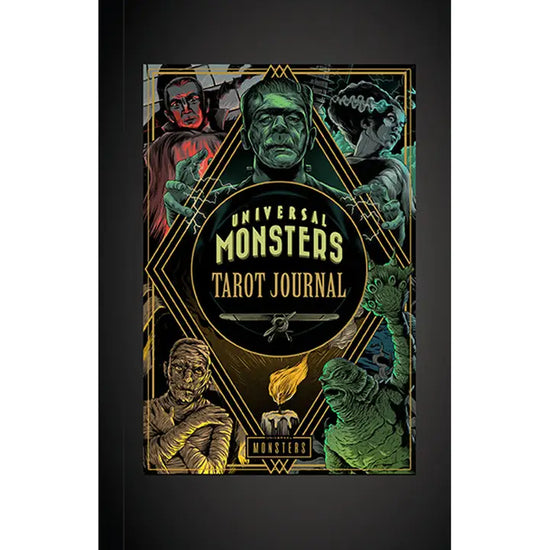 Universal Monsters Tarot Journal cover with character illustrations on a black background