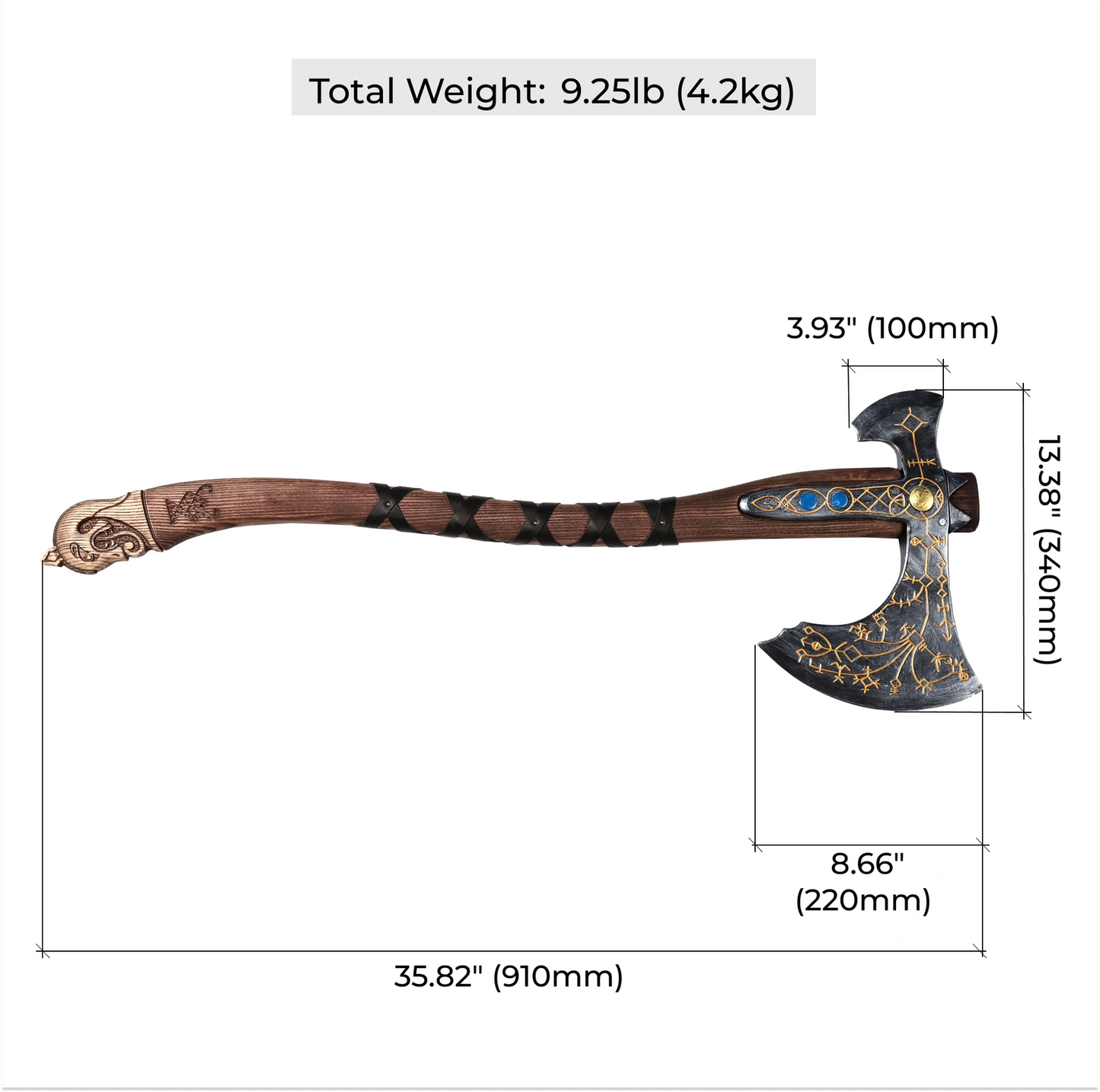 A wooden axe styled after the one used by Kratos in the "God of War" video games. The axe's measure measurements are around the axe in black.