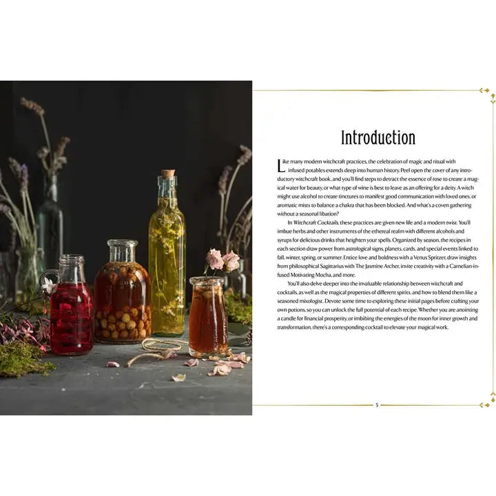 A two-page spread from the book. On the left is a picture of glass jars with various ingredients. On the right is the book's introduction in black text.