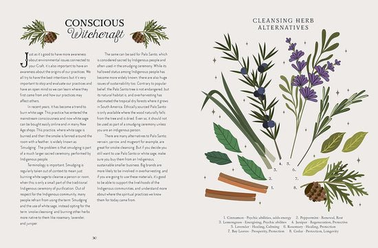 A two-page spread from the book describing the concept of conscious witchcraft. On the right is a drawing of various cleansing herbs.