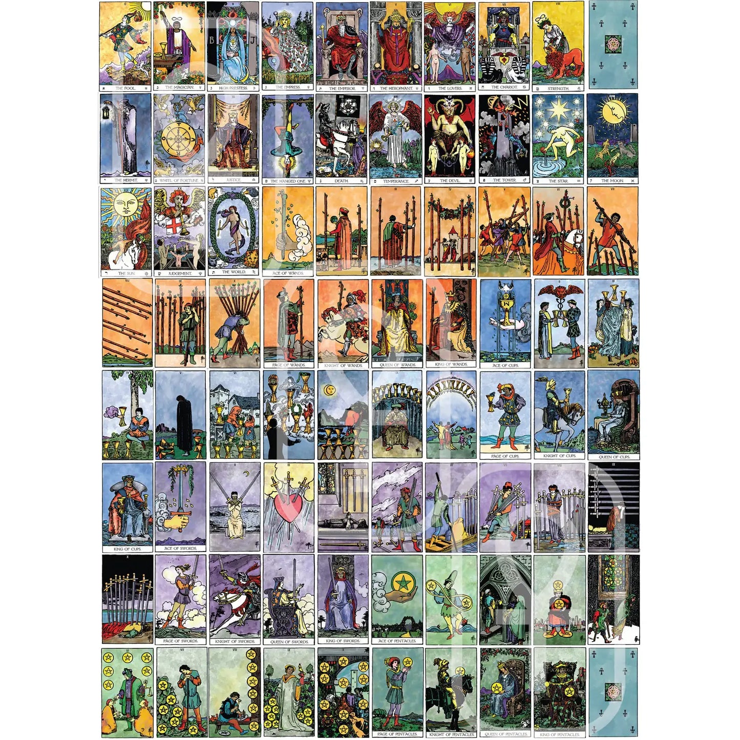 Rows of previews of rectangular Tarot card stickers in a traditional illustration style. 