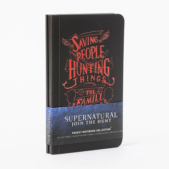 The exterior of the notebook set, with a cardboard packaging band that says Supernatural - Join the Hunt - Pocket Notebook Collection - Set of Three - Ruled, Blank, Grid