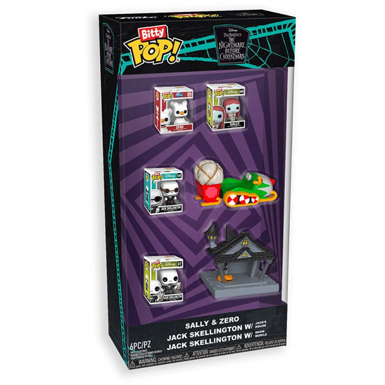 Boxed set of Bitty Pop! figures with characters from a movie, featuring Sally and Zero, Jack Skellington, and others.