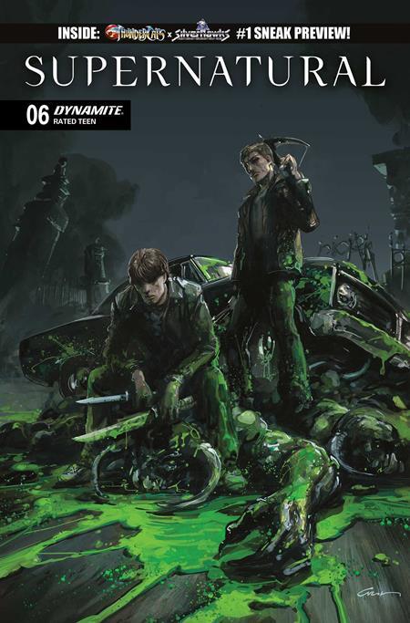 Comic book cover featuring two characters with a car and green goo on a dark background