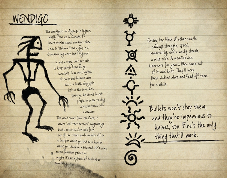 A journal entry for a Wendigo, with notes in a handwriting font.