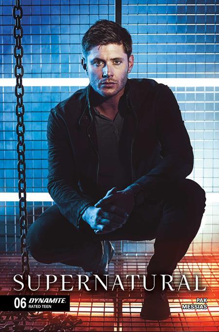 Dean from 'Supernatural' sitting on a swing with chains and tiled wall background