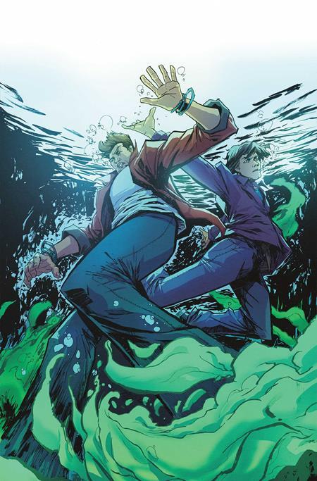 Comic book style illustration of a person underwater with another person on top, surrounded by greenish water and bubbles.