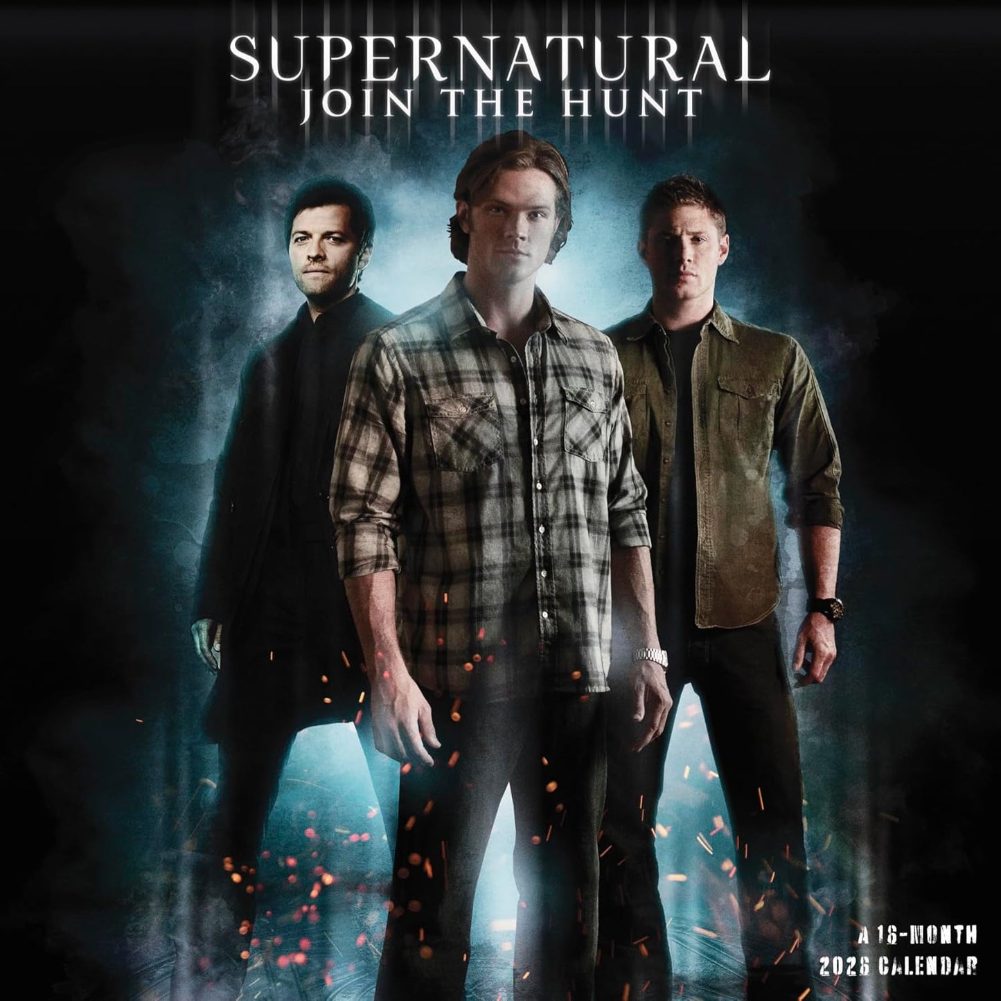 An image depicting Sam Winchester, Dean Winchester, and Castiel from the TV series "Supernatural," standing against a glowing door in a black background. White text at the top says "Supernatural, join the hunt"