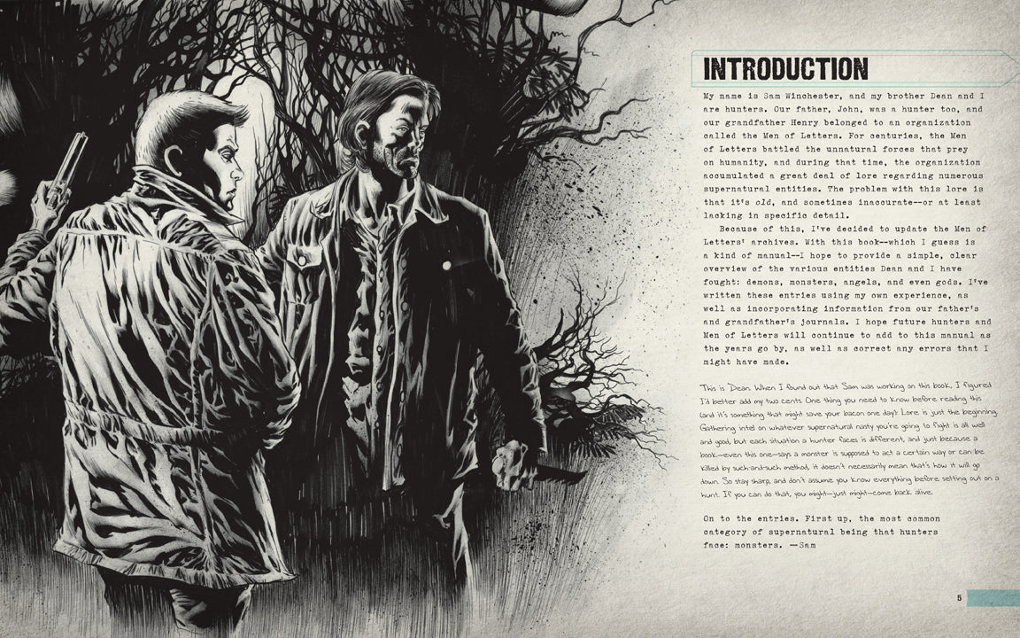 Illustration of two people walking through a forest with text on the right side.