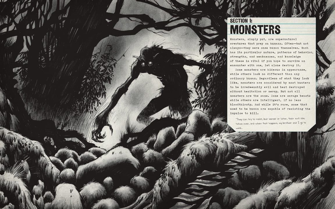 Black and white illustration of a creature in a forest with a text box labeled 'MONSTERS'.