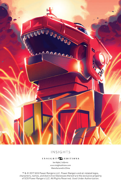 Red Power Ranger robot with fiery background