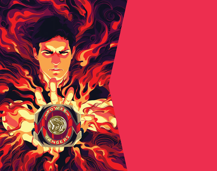 Character from Power Rangers with fiery background