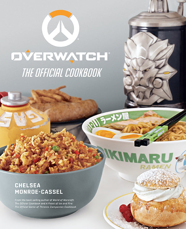 Cover of 'Overwatch: The Official Cookbook' with food items and Overwatch logo.