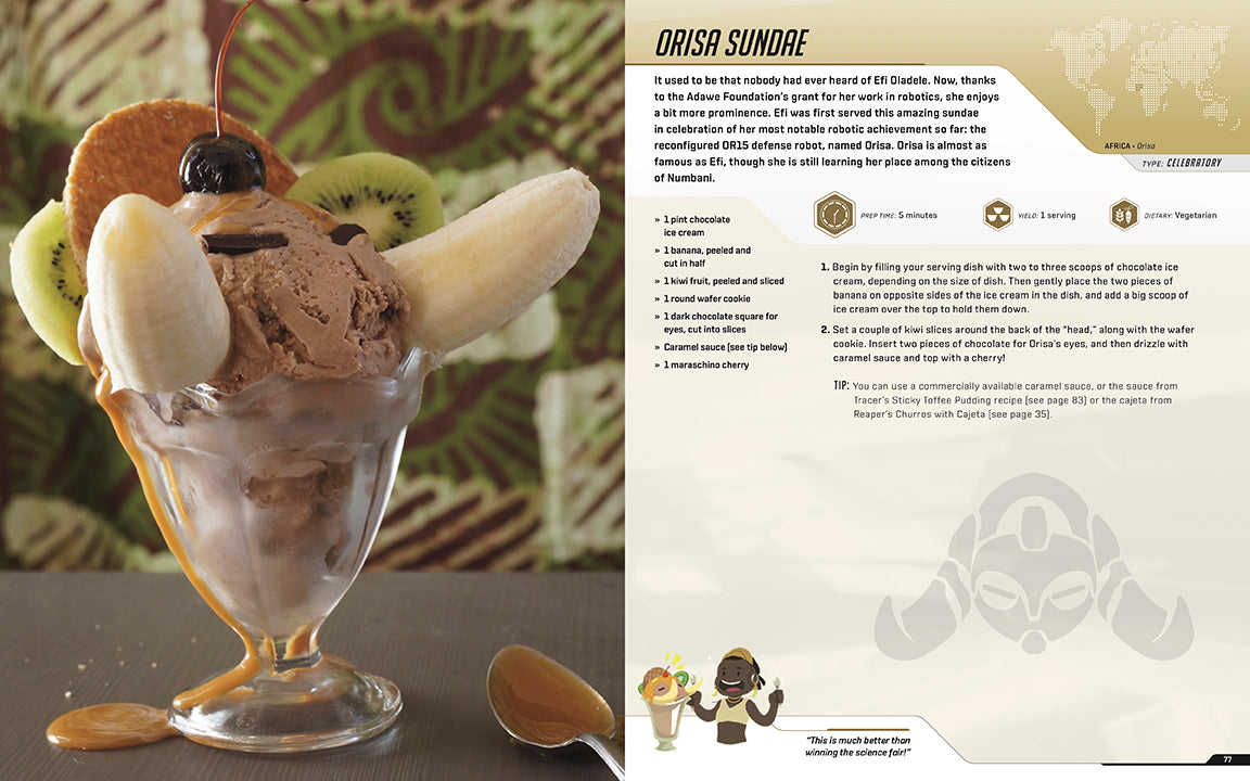 Dessert with ice cream and fruit in a glass bowl next to a recipe card.