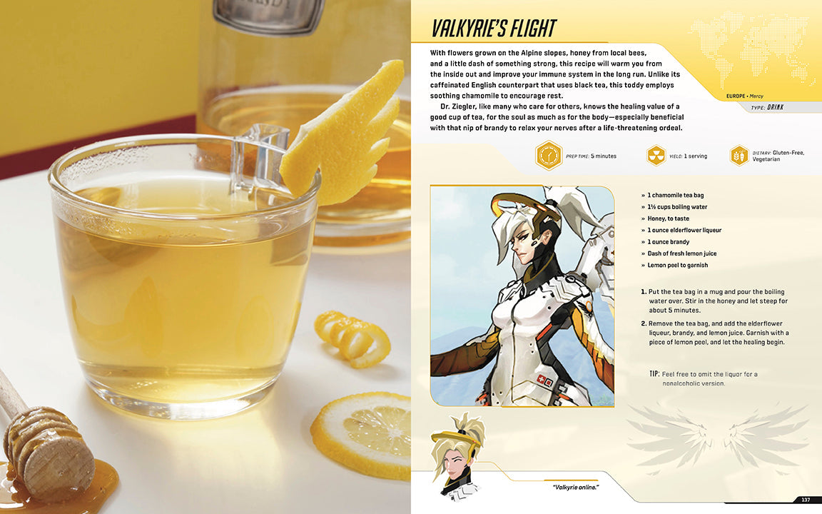 Glass of yellow liquid with lemon slices and honey, next to an illustrated character and text on a white background.