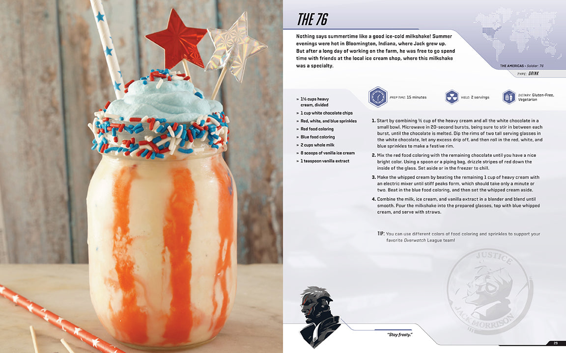 Mason jar with a layered dessert, red, white, and blue decorations, next to a recipe page.