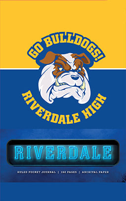 Riverdale High school-themed notebook cover with bulldog logo and text.