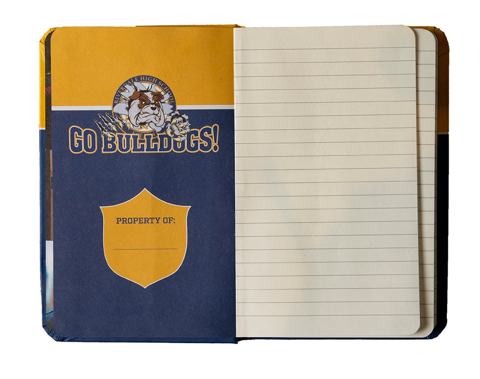 Notebook with bulldog logo and 'Go Bulldogs!' text on a white background