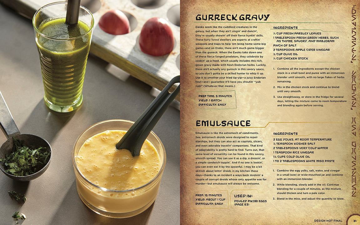 Two glasses of yellow liquid with a spoon, a small bowl of green herbs, and peaches on a gray surface. A recipe book page titled 'Gurreck Gravy' is displayed on the right.