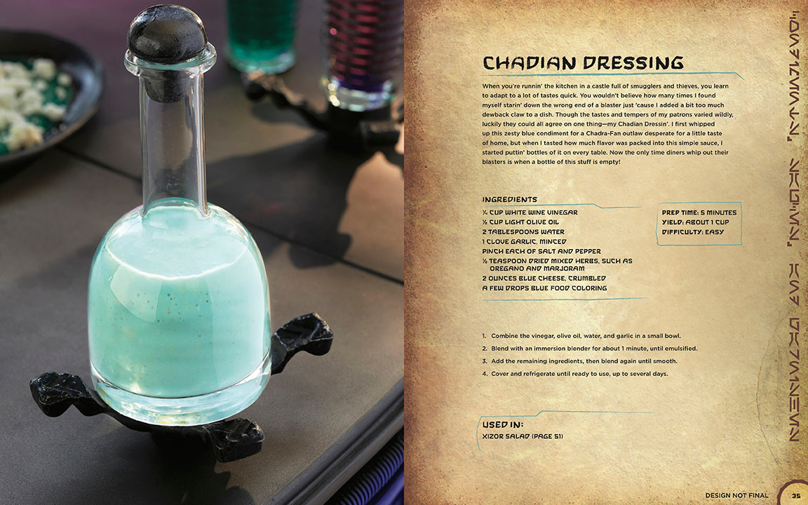 Bottle of blue liquid on a wooden surface with a recipe card on the right.