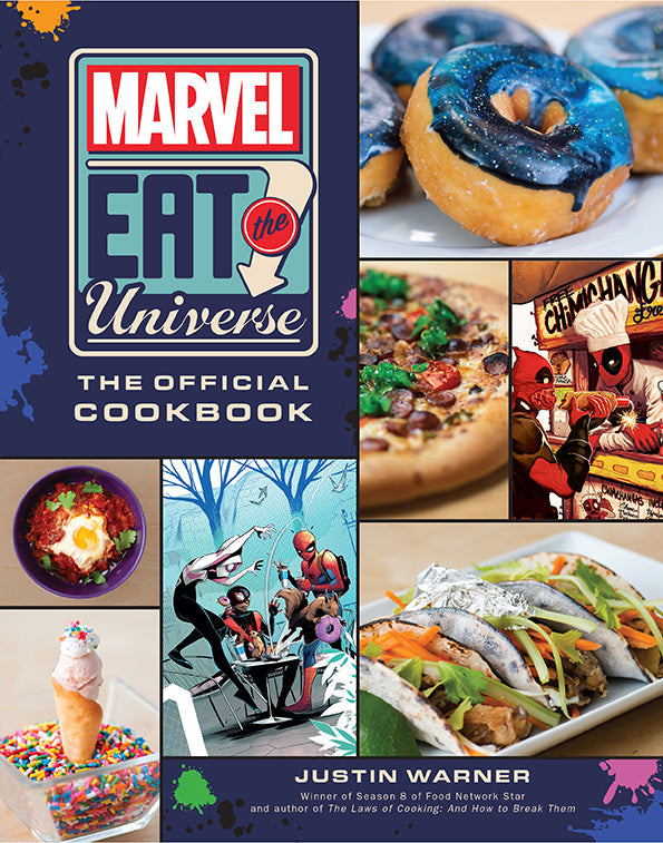 Collage of 'Marvel Eat the Universe' cookbook cover with food images and Marvel branding.