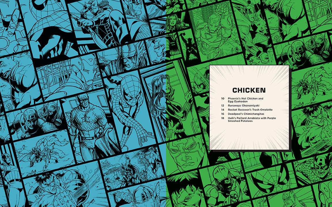 Collage of comic book-style illustrations with a white card displaying text on a green and blue patterned background.