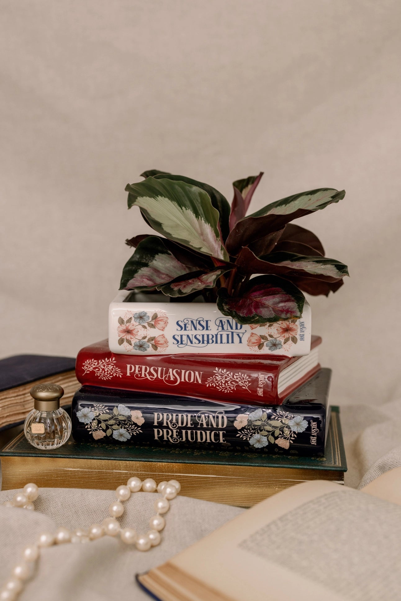 Stack of books with decorative plant on a neutral background