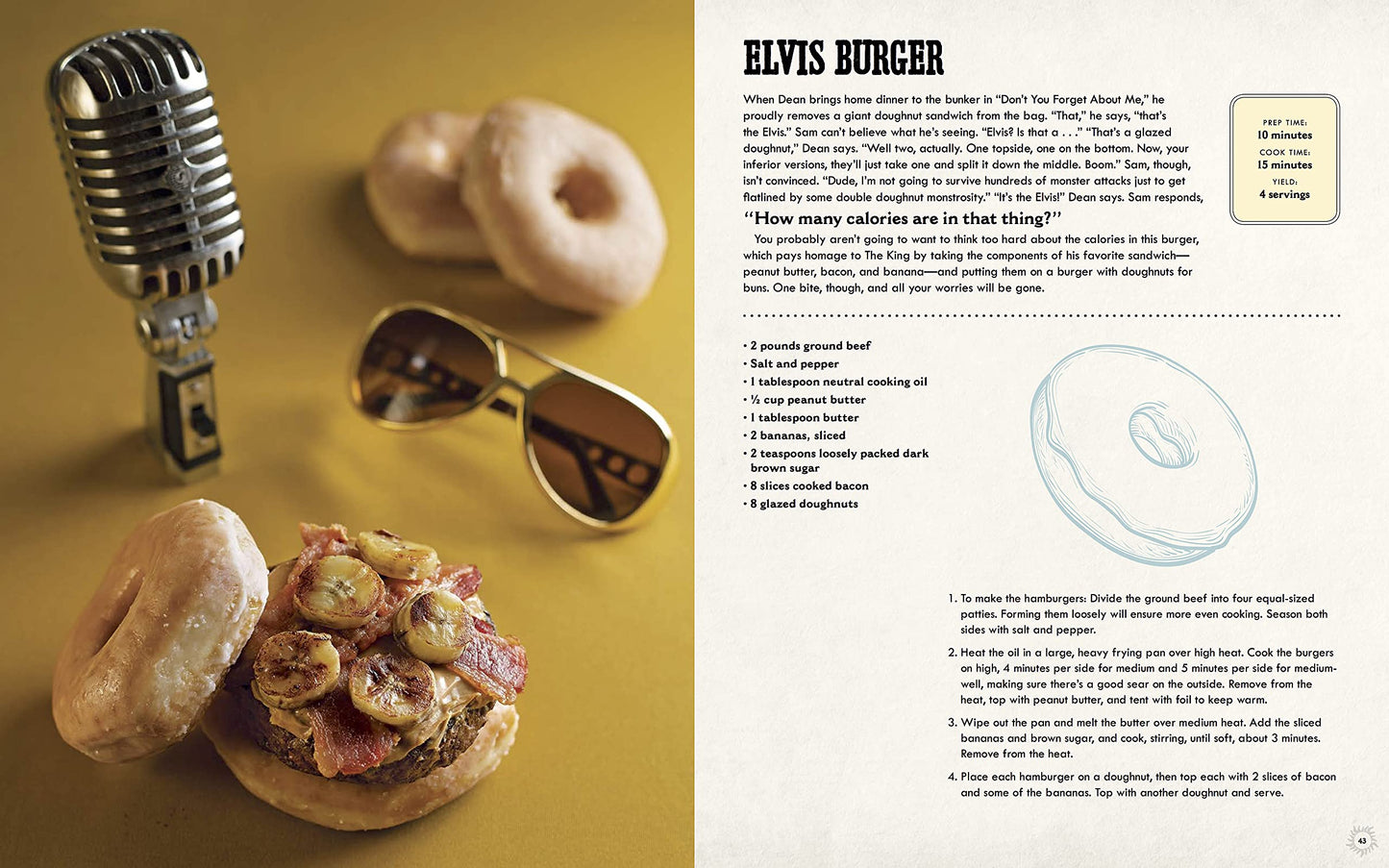 Load image into Gallery viewer, A two-page spread from the book. On the left is a a cheeseburger between two donuts, topped with bananas and bacon, on a yellow background. Next to the burger are a microphone, a pair of gold-rimmed sunglasses, and two donuts. On the right is a recipe for the Elvis Burger.
