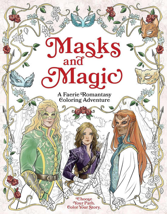 Book cover of 'Masks and Magic' with illustrations of faeries and decorative elements.