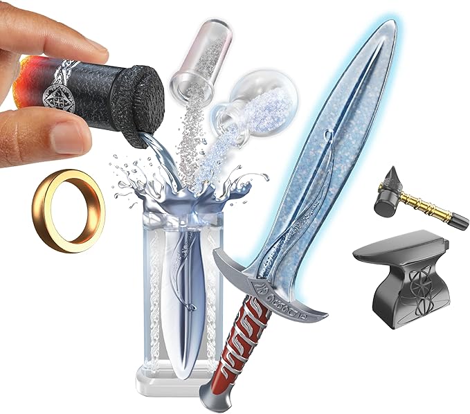 A collection of miniature items from The Lord of the Rings, including a tiny replica of the sword Sting, the gold One Ring, and a Dwarven anvil and hammer.
