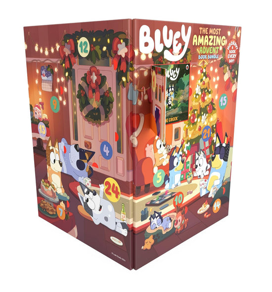 Advent calendar with 'Bluey' characters and festive design on a white background