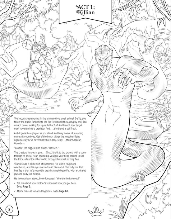Coloring book page with a fantasy scene featuring a character and text.