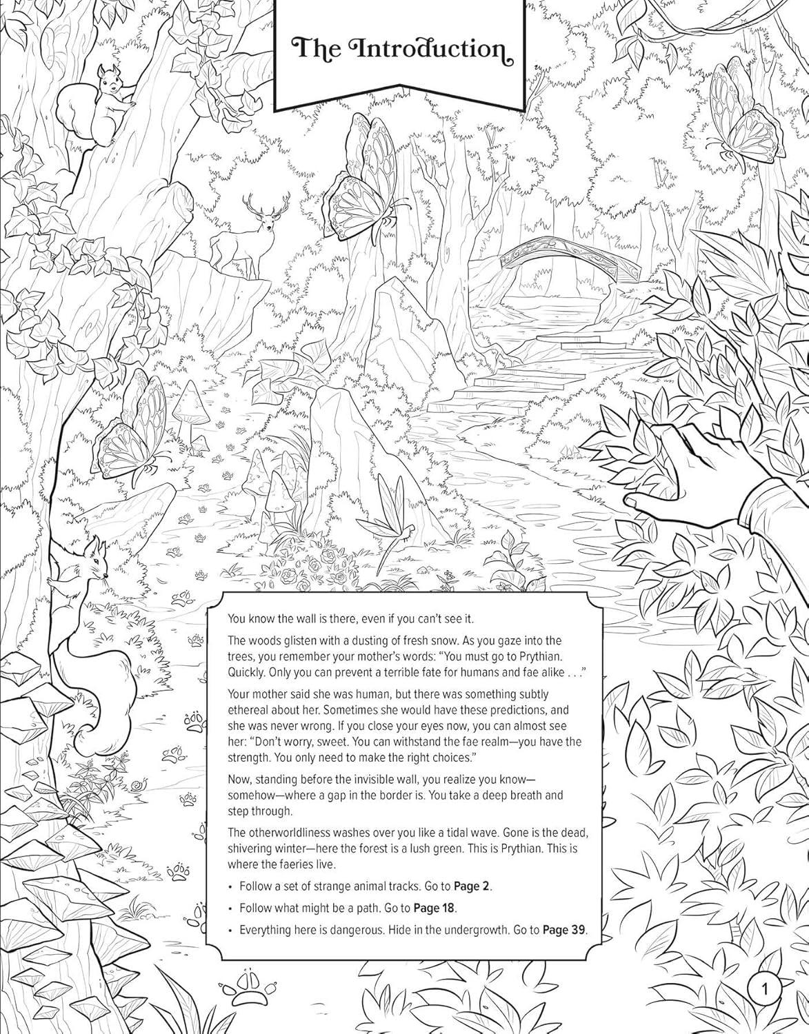 Coloring book page with forest design and text
