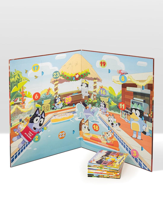 Open children's book with colorful illustrations of cartoon characters by a pool.