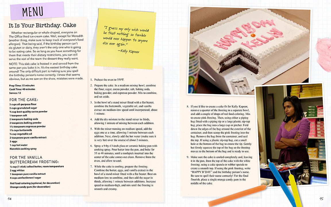 Birthday cake with 'Happy Birthday' message, recipe card, and person in a library.
