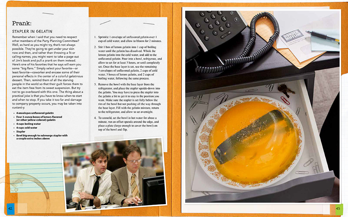 Book open to a page with text and images, including a cake and two people at a desk.